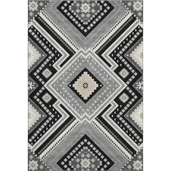 Black Gray And Silver Tribal Washable Area Rug With UV Protection Photo 6