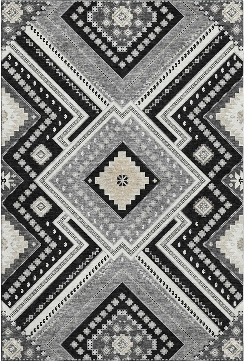 Black Gray And Silver Tribal Washable Area Rug With UV Protection Photo 6