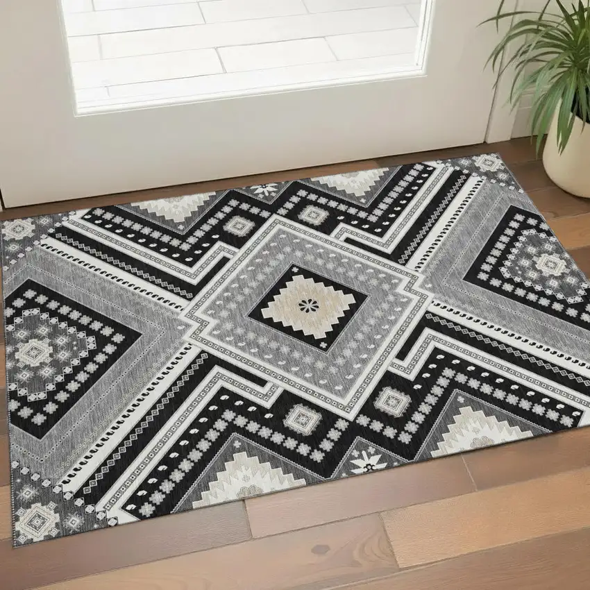 Black Gray And Silver Tribal Washable Area Rug With UV Protection Photo 1