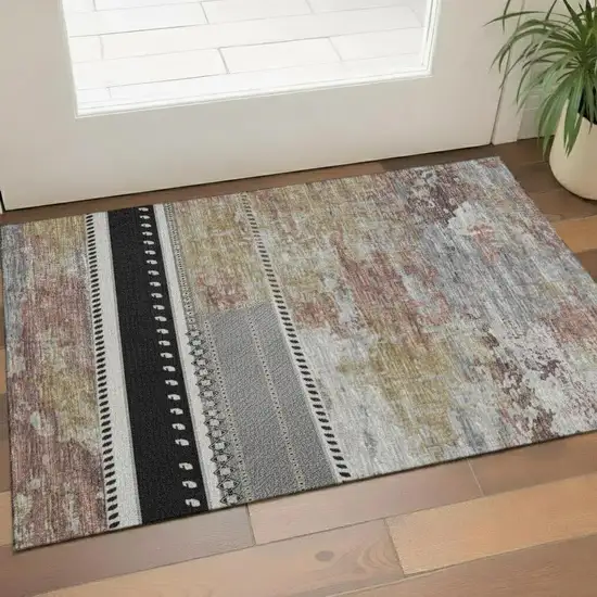 Black Gray And Silver Tribal Washable Area Rug With UV Protection Photo 2