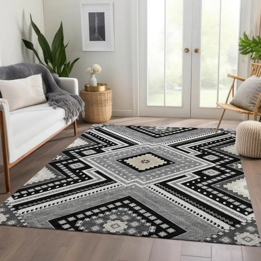 Black Gray And Silver Tribal Washable Area Rug With UV Protection Photo 5