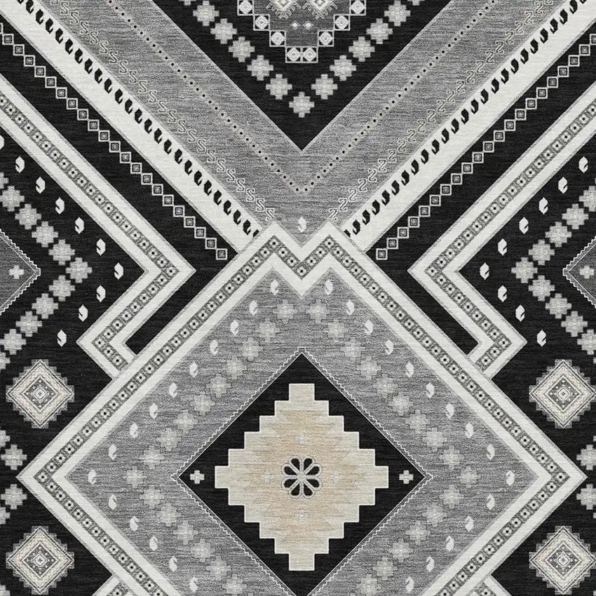 Black Gray And Silver Tribal Washable Area Rug With UV Protection Photo 3