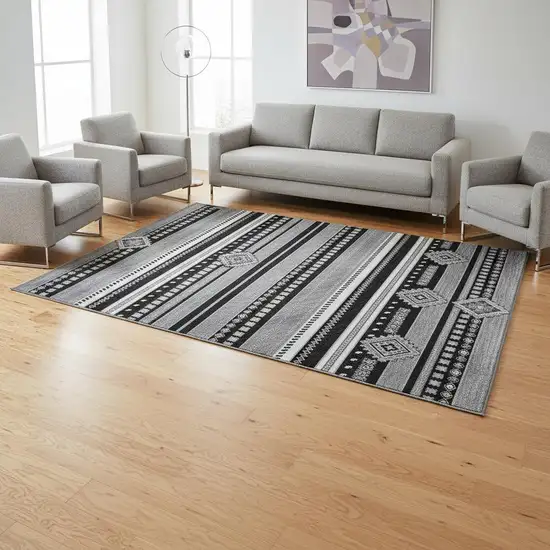 Black Gray And Silver Tribal Washable Area Rug With UV Protection Photo 2