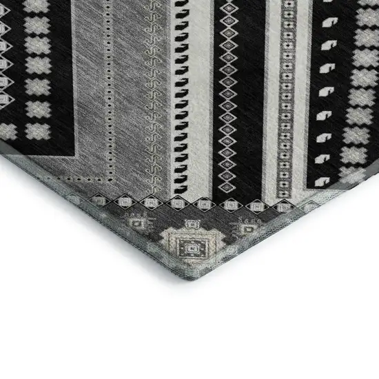 Black Gray And Silver Tribal Washable Area Rug With UV Protection Photo 3