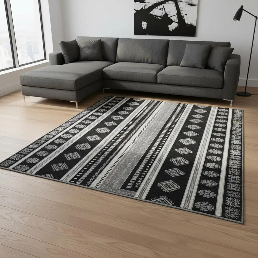 Black Gray And Silver Tribal Washable Area Rug With UV Protection Photo 2