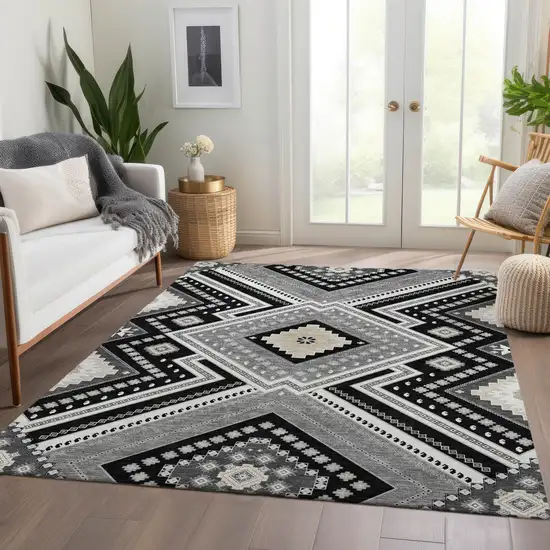 Black Gray And Silver Tribal Washable Area Rug With UV Protection Photo 5
