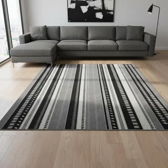Black Gray And Silver Tribal Washable Area Rug With UV Protection Photo 2