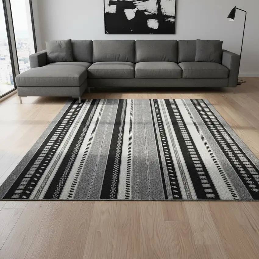 Black Gray And Silver Tribal Washable Area Rug With UV Protection Photo 2