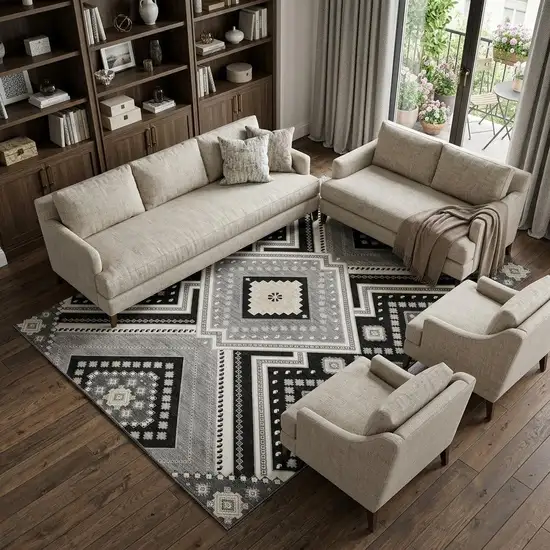 Black Gray And Silver Tribal Washable Area Rug With UV Protection Photo 1