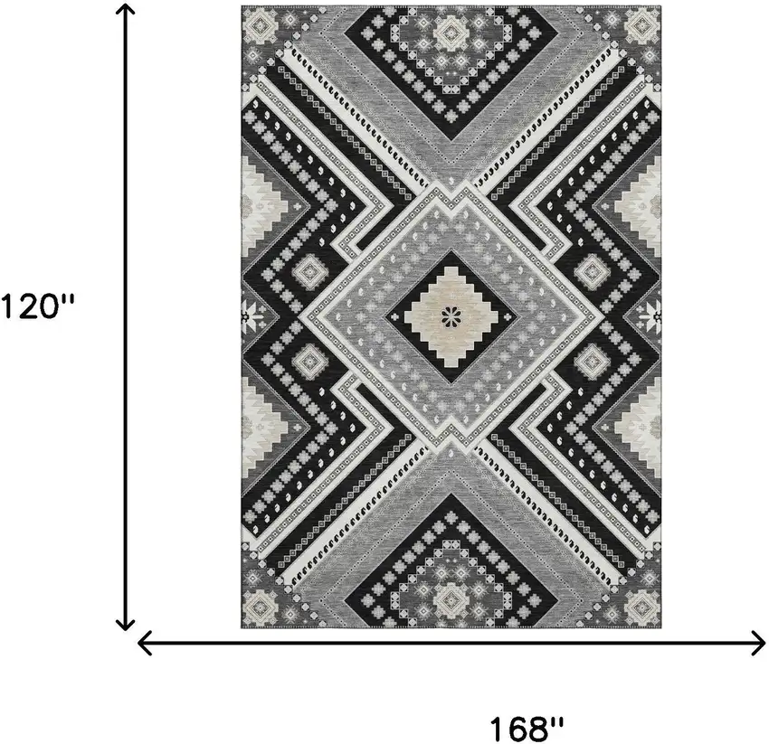 Black Gray And Silver Tribal Washable Area Rug With UV Protection Photo 7