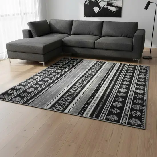 Black Gray And Silver Tribal Washable Area Rug With UV Protection Photo 2