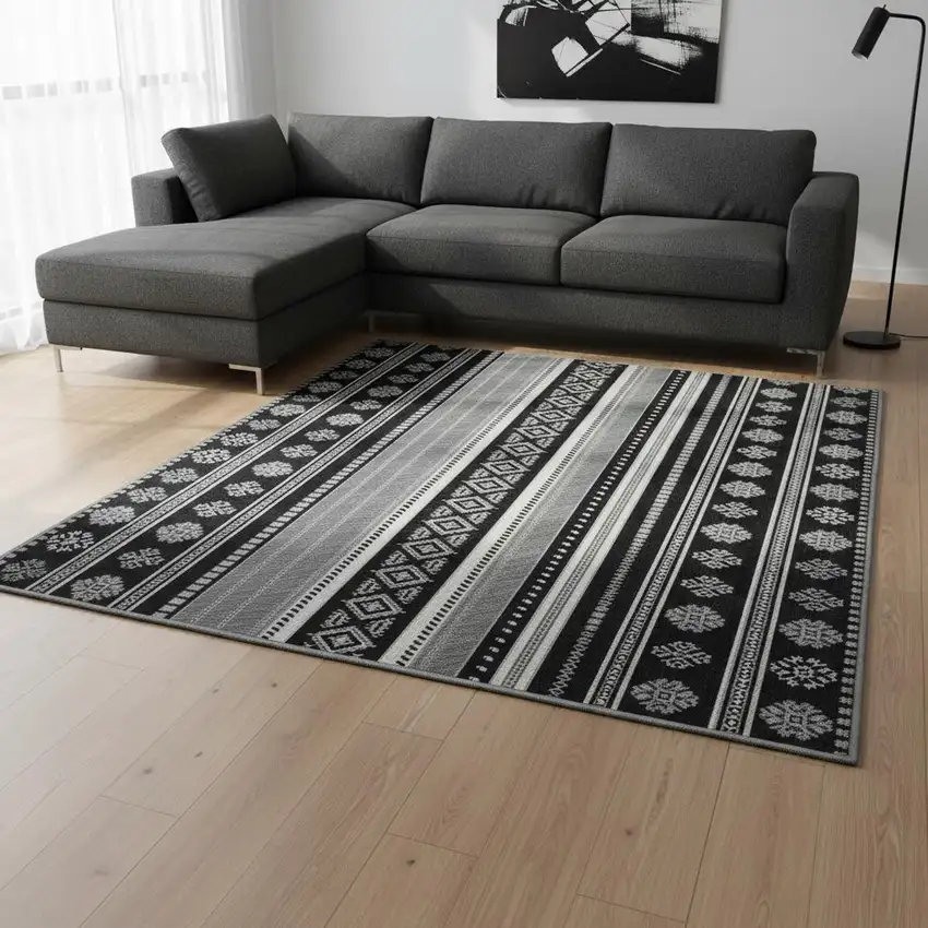 Black Gray And Silver Tribal Washable Area Rug With UV Protection Photo 2