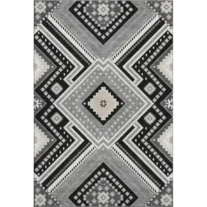 Photo of Black Gray And Silver Tribal Washable Area Rug With UV Protection