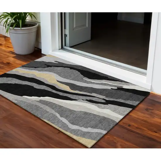 Black Gray And Tan Abstract Washable Indoor Outdoor Area Rug Photo 1