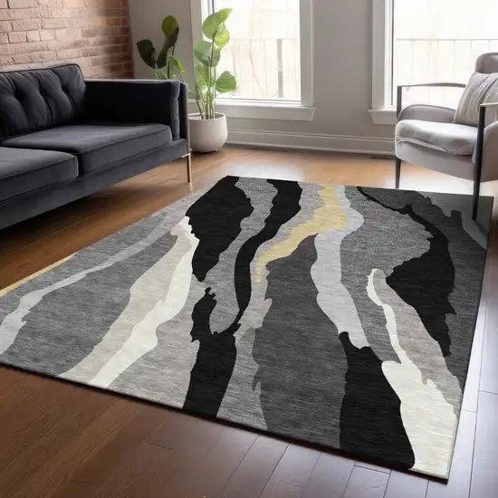 Black Gray And Tan Abstract Washable Indoor Outdoor Area Rug Photo 9