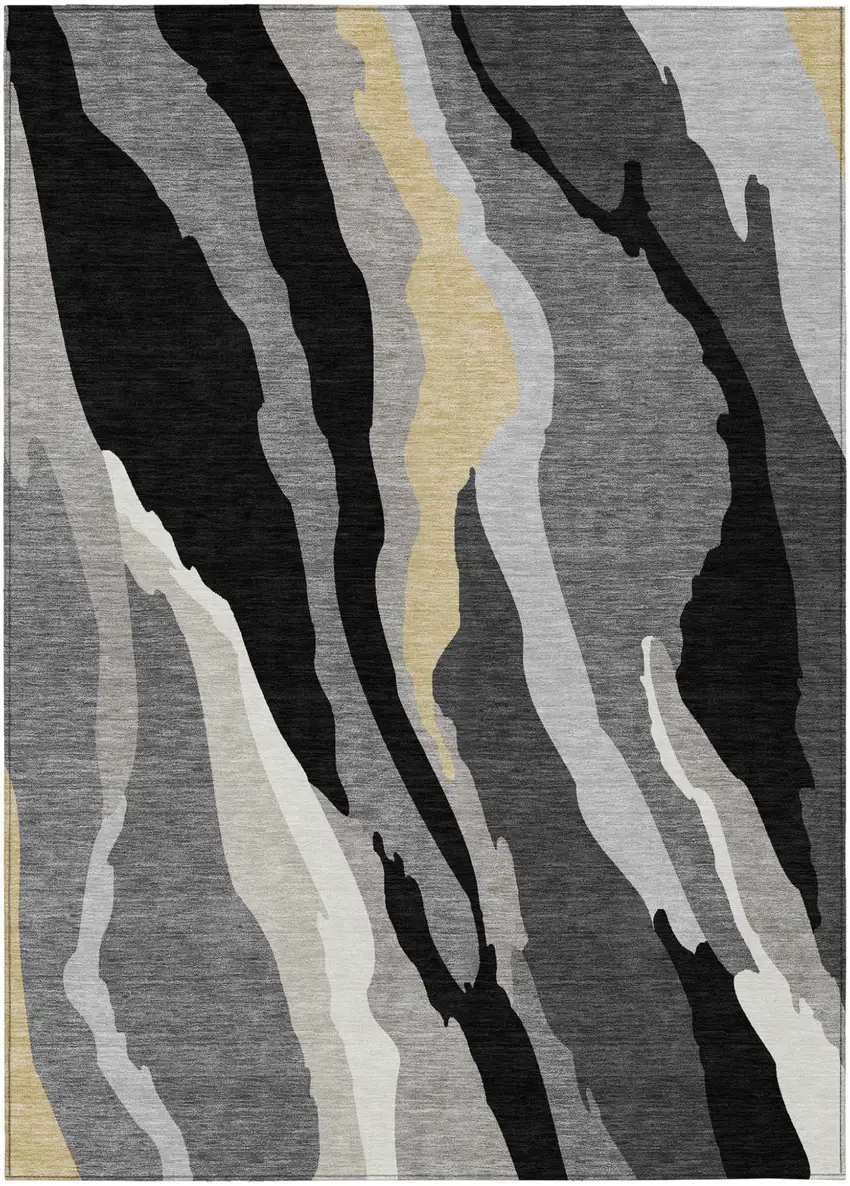 Black Gray And Tan Abstract Washable Indoor Outdoor Area Rug Photo 2