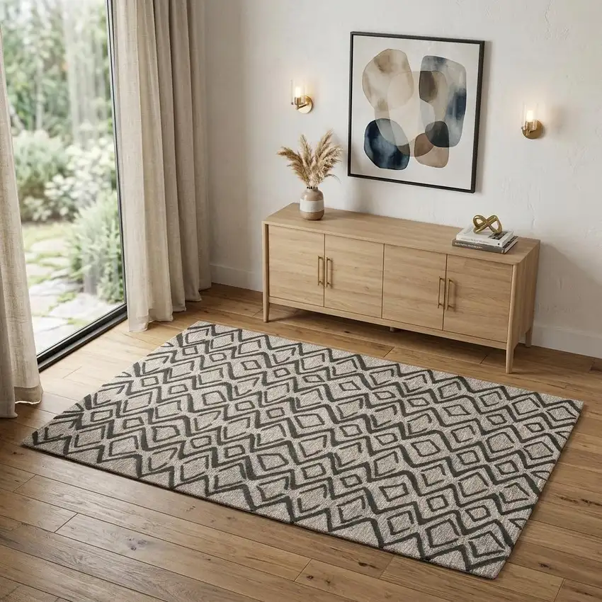 Black Taupe And Gray Wool Geometric Hand Tufted Area Rug Photo 1