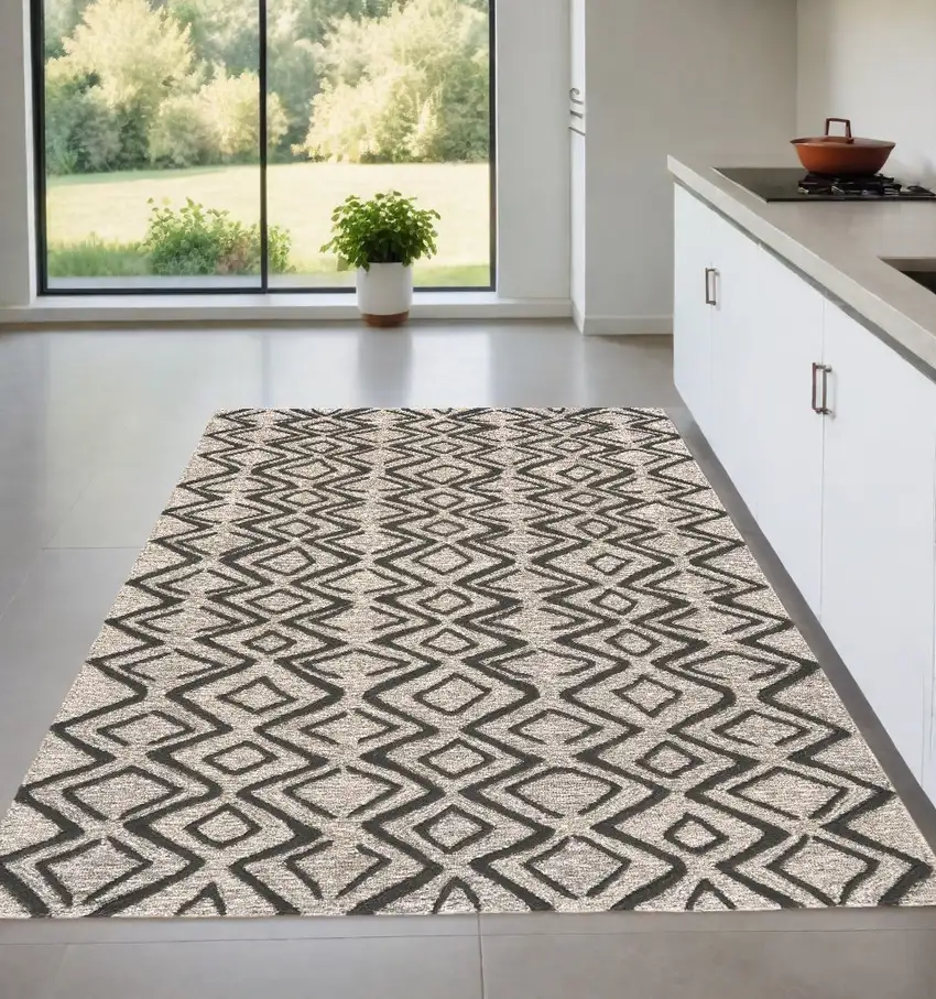 Black Gray And Taupe Wool Geometric Tufted Handmade Stain Resistant Area Rug Photo 1