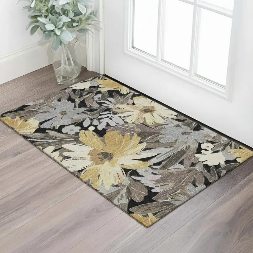 Black Gray And Wheat Floral Washable Area Rug With UV Protection Photo 2