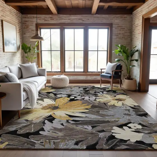 Black Gray And Wheat Floral Washable Area Rug With UV Protection Photo 5