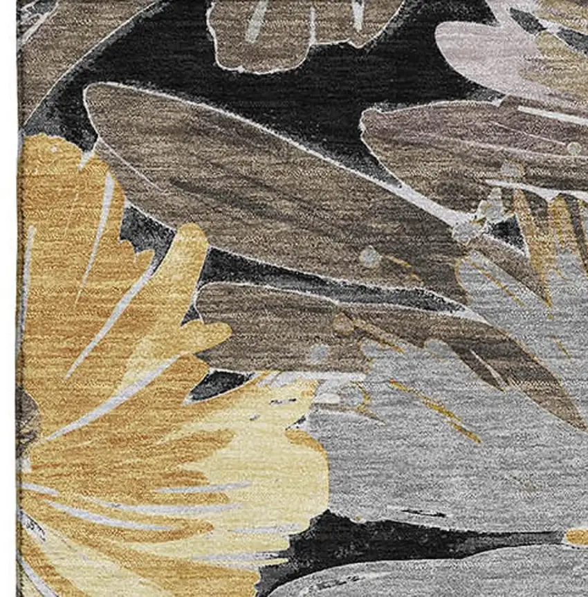 Black Gray And Wheat Floral Washable Area Rug With UV Protection Photo 3