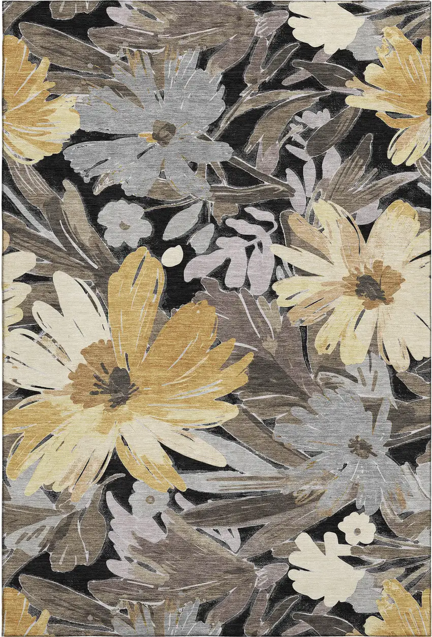 Black Gray And Wheat Floral Washable Area Rug With UV Protection Photo 1