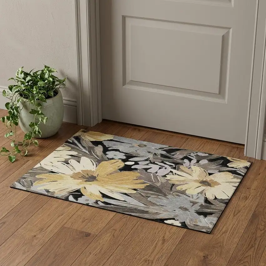 Black Gray And Wheat Floral Washable Area Rug With UV Protection Photo 1