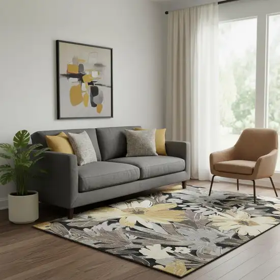 Black Gray And Wheat Floral Washable Area Rug With UV Protection Photo 2