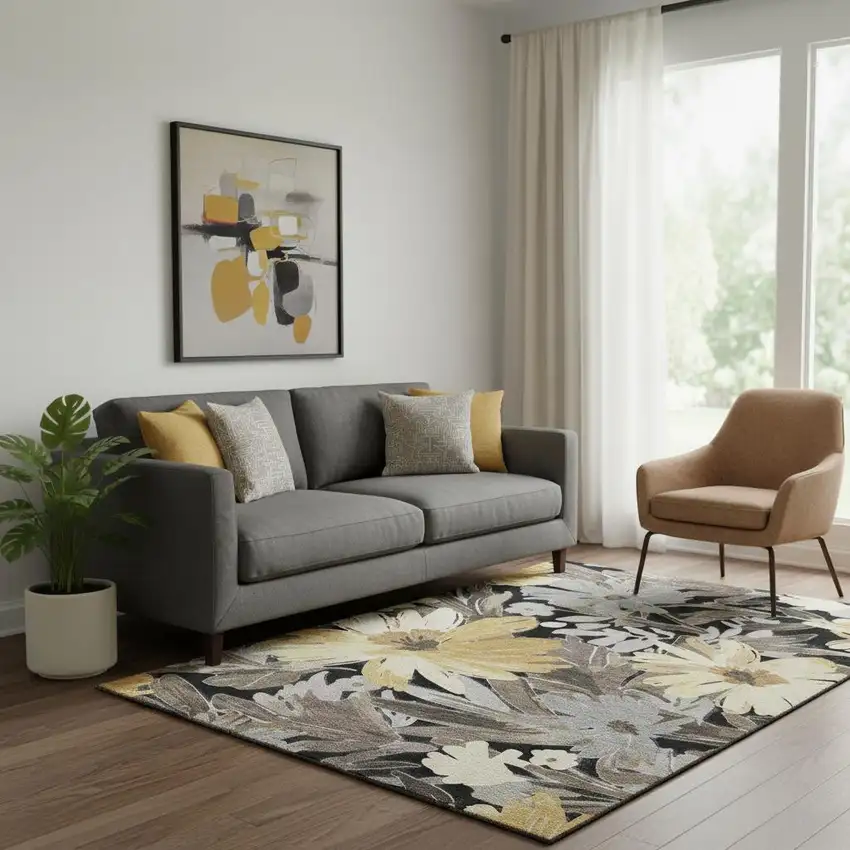 Black Gray And Wheat Floral Washable Area Rug With UV Protection Photo 2