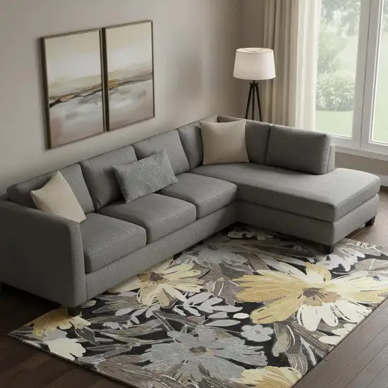 Black Gray And Wheat Floral Washable Area Rug With UV Protection Photo 2