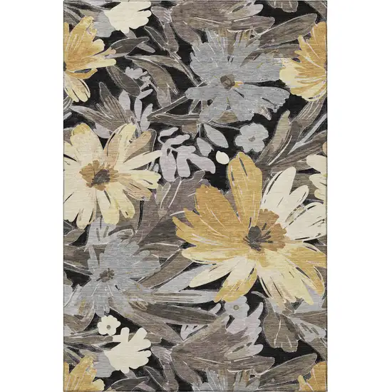 Black Gray And Wheat Floral Washable Area Rug With UV Protection Photo 3