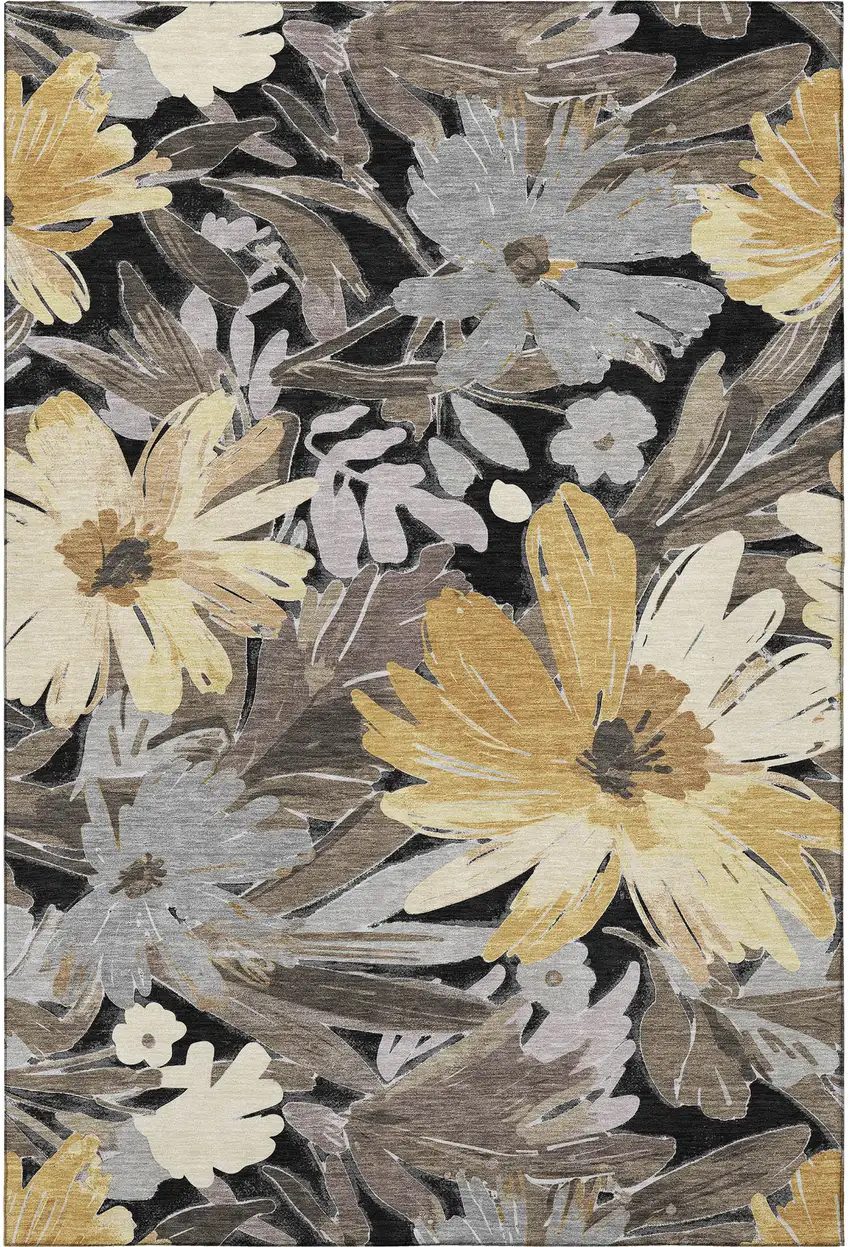 Black Gray And Wheat Floral Washable Area Rug With UV Protection Photo 3