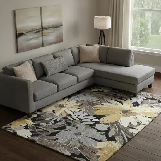 Black Gray And Wheat Floral Washable Area Rug With UV Protection Photo 2