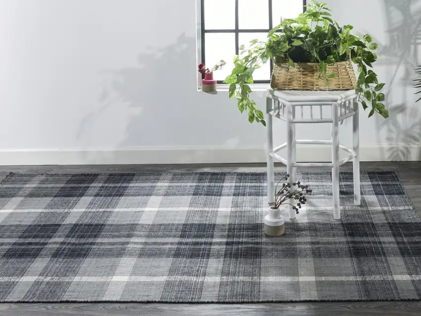 Black Gray And White Abstract Hand Woven Stain Resistant Area Rug Photo 8
