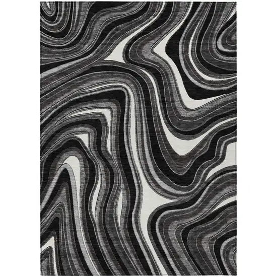 Black Gray And White Abstract Washable Indoor Outdoor Area Rug Photo 1