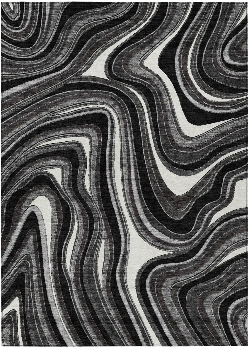 Black Gray And White Abstract Washable Indoor Outdoor Area Rug Photo 1