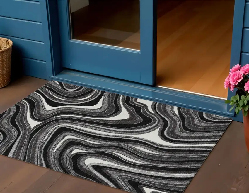 Black Gray And White Abstract Washable Indoor Outdoor Area Rug Photo 1