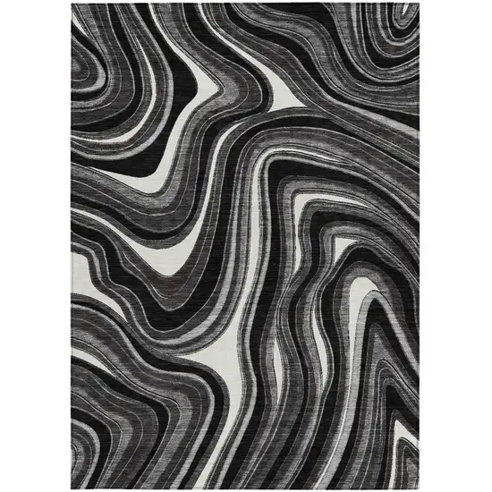 Black Gray And White Abstract Washable Indoor Outdoor Area Rug Photo 5