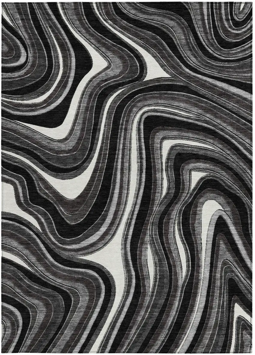 Black Gray And White Abstract Washable Indoor Outdoor Area Rug Photo 5