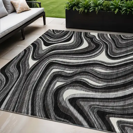Black Gray And White Abstract Washable Indoor Outdoor Area Rug Photo 1