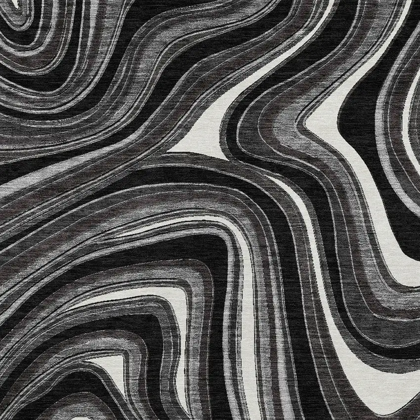 Black Gray And White Abstract Washable Indoor Outdoor Area Rug Photo 4
