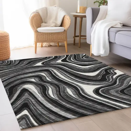 Black Gray And White Abstract Washable Indoor Outdoor Area Rug Photo 7