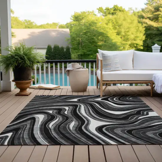 Black Gray And White Abstract Washable Indoor Outdoor Area Rug Photo 9
