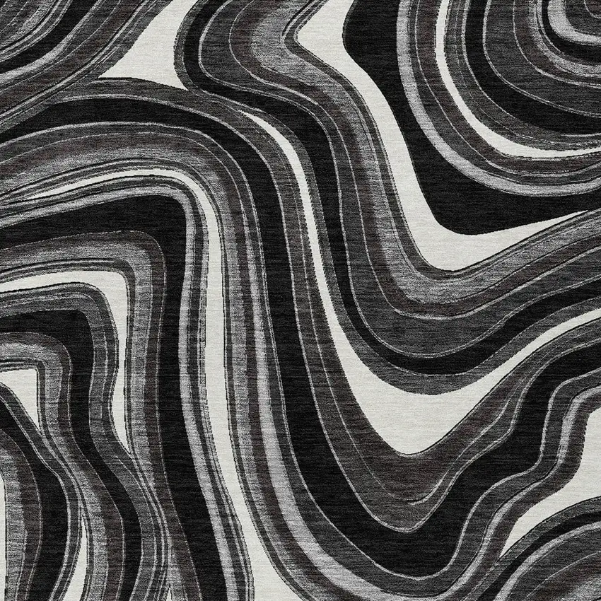 Black Gray And White Abstract Washable Indoor Outdoor Area Rug Photo 4