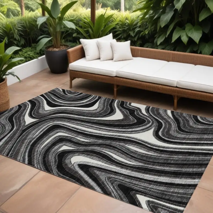 Black Gray And White Abstract Washable Indoor Outdoor Area Rug Photo 1