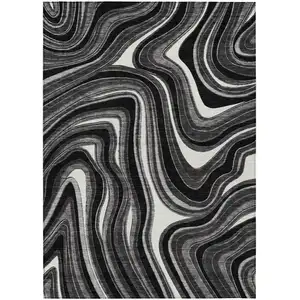 Photo of Black Gray And White Abstract Washable Indoor Outdoor Area Rug