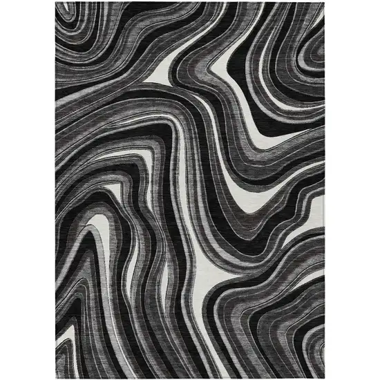 Black Gray And White Abstract Washable Indoor Outdoor Area Rug Photo 1