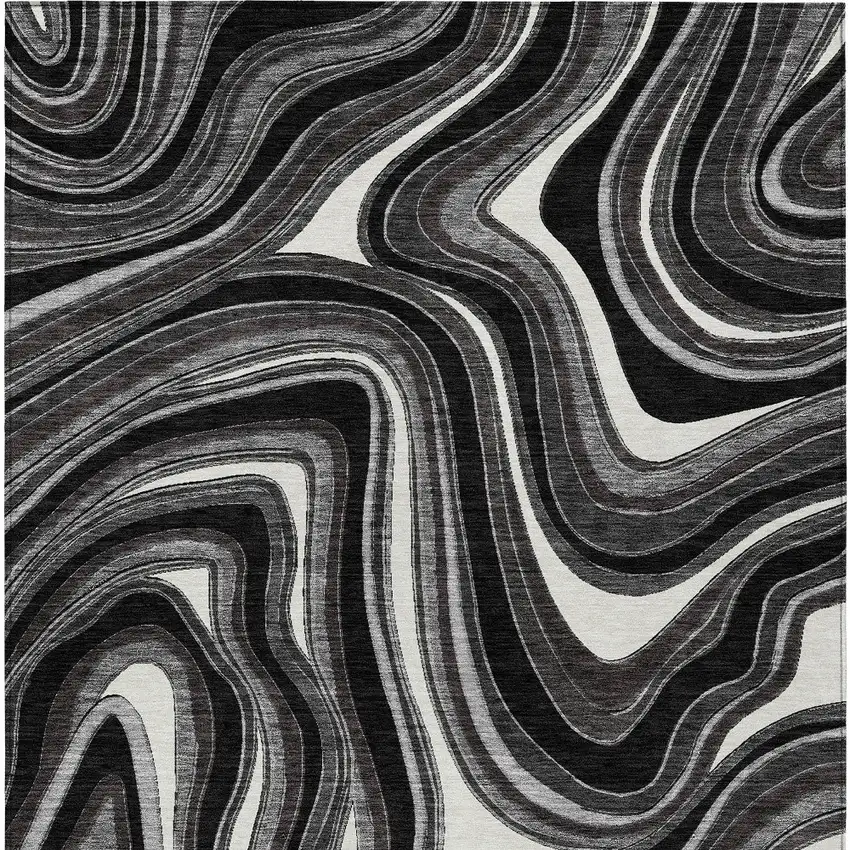Black Gray And White Abstract Washable Indoor Outdoor Area Rug Photo 5