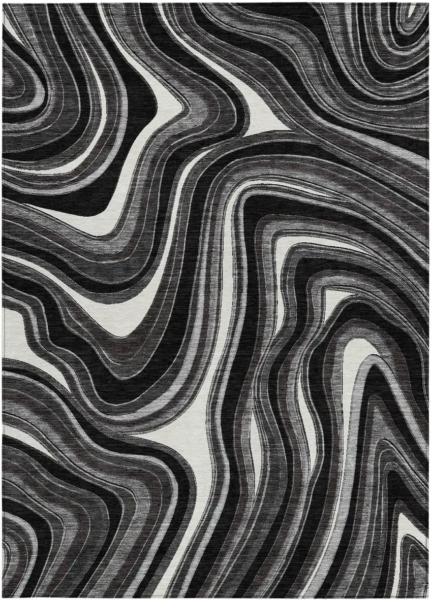 Black Gray And White Abstract Washable Indoor Outdoor Area Rug Photo 5