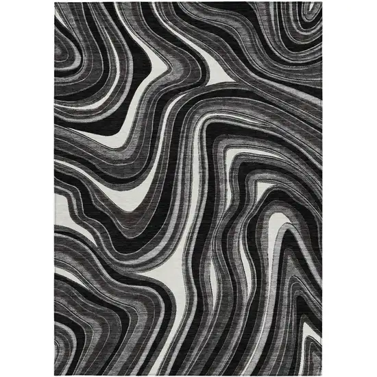 Black Gray And White Abstract Washable Indoor Outdoor Area Rug Photo 5